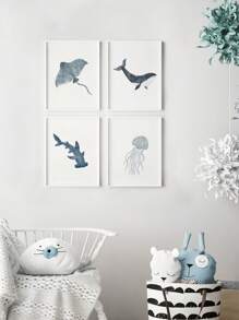 4 Pieces Ocean Wonders Wall Pictures Whale Shark Jellyfish Stingray Canvas Posters Summer Coastal Decor Hanging Paintings Nautical Themed Room Posters Kids Room Bedroom Wall Decoration No Frame
