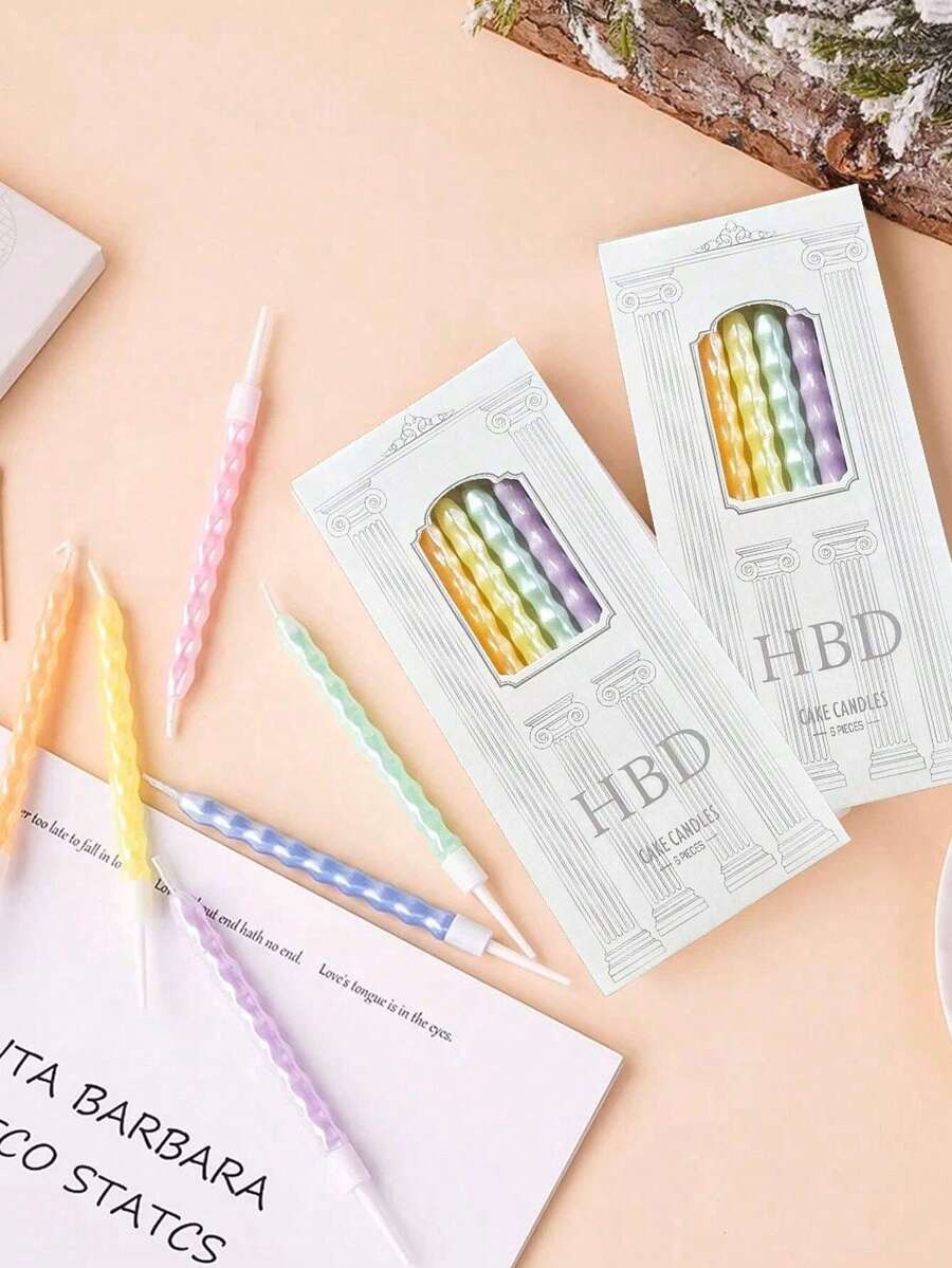 6 件珠光马卡龙色罗马柱菱形图案弧形生日蛋糕装饰蜡烛 - 彩色 - 查看 1