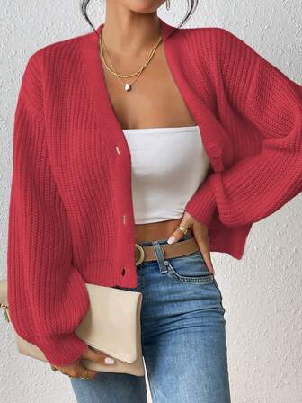 最新时尚纯色V领纽扣前针织开衫