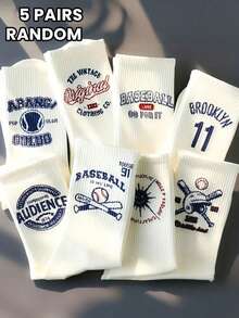 5 Pairs Unisex Personalized Baseball Letter Print Socks, Soft Comfortable Street Sports Style Crew Socks, Suitable For Everyday Wear, Fall - Multicolor - View 4