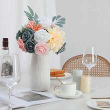 Artificial Flowers Combo, Champagne Silk Roses, Peonies, Dahlias With Stems For DIY Wedding Bouquets, Baby Shower, Table Centerpieces, Home Decor, Fake Floral Arrangements, Party Decorations - Pink&blue - 查看 5