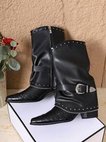 复古铆钉高筒靴，法式高帮女靴，百搭西部牛仔靴，适合娇小身材 - 黑色 - 查看 9
