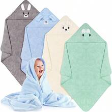 1 件男女通用婴儿连帽毯，速干柔软珊瑚绒保暖婴儿浴巾，可爱动物脸设计婴儿浴袍、睡衣、裹毯、浴室浴袍、沙滩多用途连帽毛巾，适合所有季节 - 綠色 - 查看 3