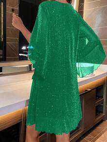 Women's Shiny Loose V-Neck Flare Sleeve Dress, Suitable For Party Occasions