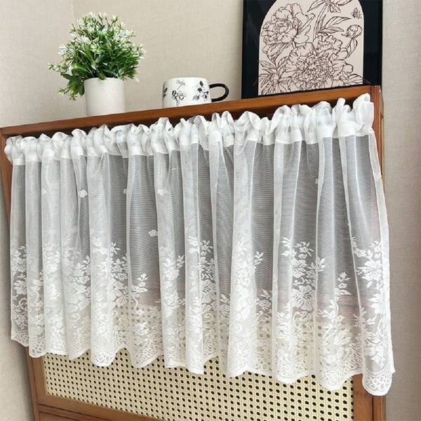 1 pieza de Romántica cortina estilo país con encaje blanco, cortina corta para puerta de cocina, balcón, estantería para cubrir vistas desagradables