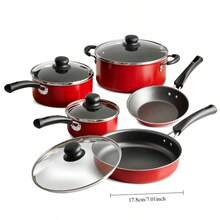 9-Piece Cookware Set With Ultra Non Stick Cast Texture Coating Including Frying Pan, Stackable, With Heat-Resistant And Shatter Resistant Tempered Glass Lid, Red Color,Local Delivery