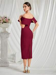 Off Shoulder Women Bandage Dress Wedding Guest Dresses Evening Formal Gown Clubwear Dress - Màu Đỏ Sâu - Xem 2