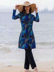 2pcs Middle East Style Long Sleeve & Long Pants Modest Women's Burkini Full Body Swimsuit, Beach Outfit