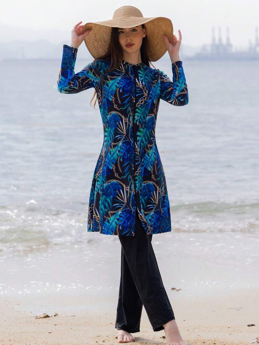 2pcs Middle East Style Long Sleeve & Long Pants Modest Women's Burkini Full Body Swimsuit, Beach Outfit