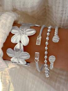 2pcs Retro Elegant Bohemian Floral Bow Adjustable Open Bangle Bracelet, Vintage Rustic Simple Personalized High-End Basic Stacking Jewelry For Women, Suitable For Daily Outfit, Gift For Friends, Family, Girlfriend, Valentine's Day, Mother's Day, All Season