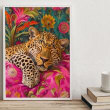 1pc, Canvas Hanging Picture, Framed, Vibrant Lion And Leopard Canvas Poster, Modern Art Wall Decor With Floral And Animal Patterns For Living Room, Bedroom, Bathroom, Home Office - Stylish Interior Home Decor, Room Decor