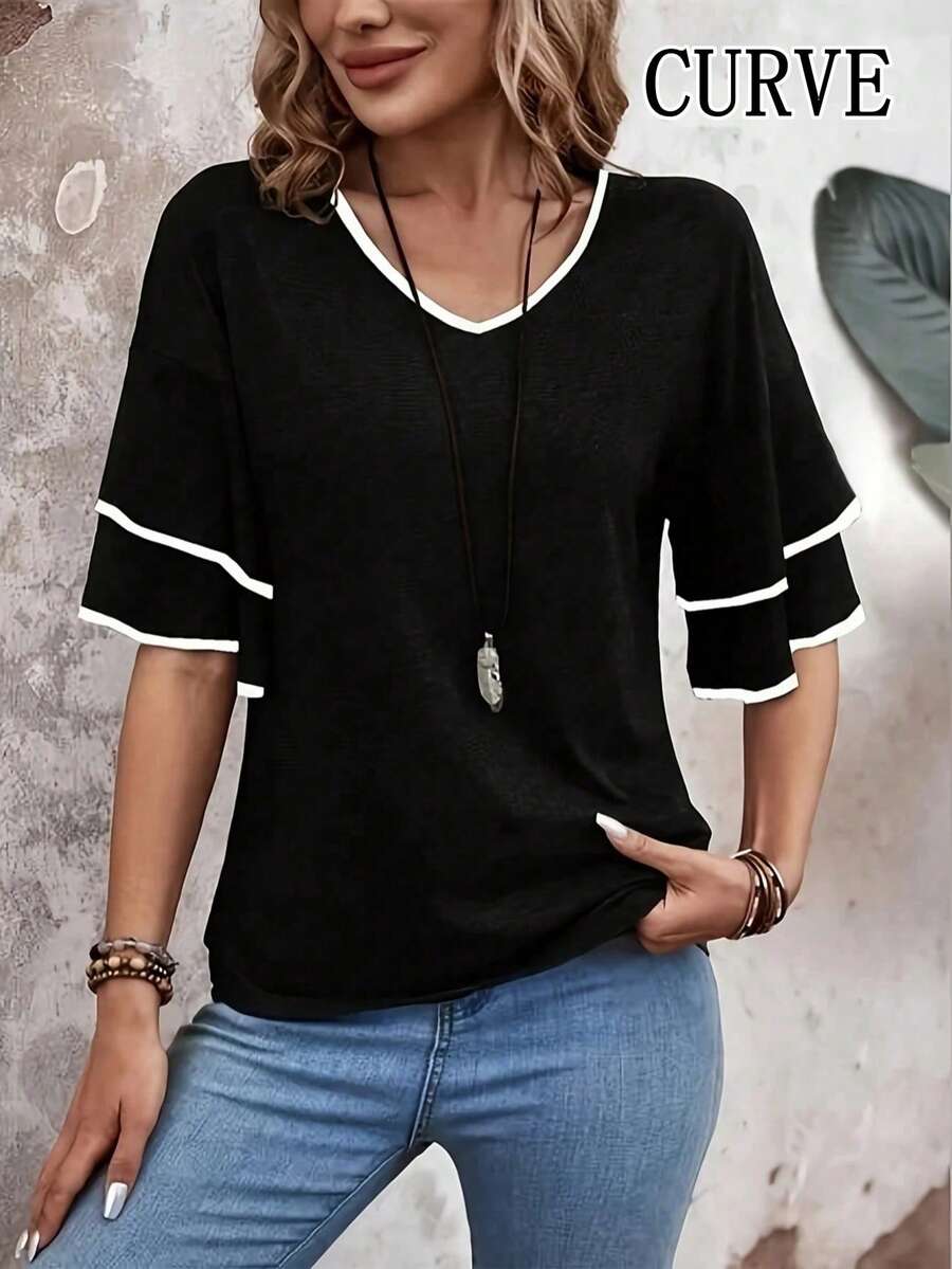 Plus Women's Contrasting Edge Lotus Leaf Sleeve T-Shirt - Black - View 1
