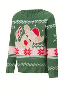 Matching Christmas Sweater, Long Sleeve Crew Neck Cartoon Elk Pullover Family Sweater Winter Clothes - Green - View 1
