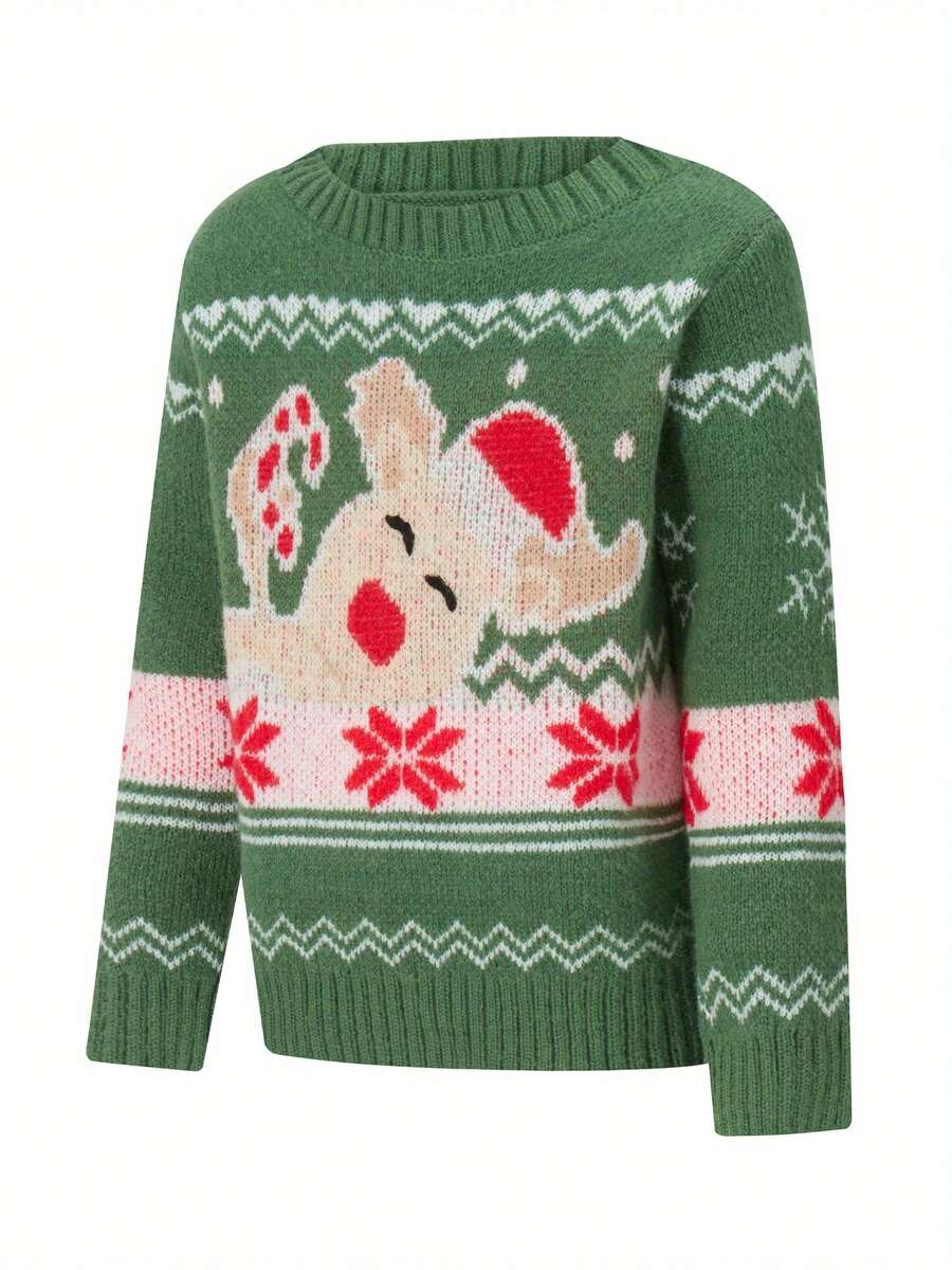 Matching Christmas Sweater, Long Sleeve Crew Neck Cartoon Elk Pullover Family Sweater Winter Clothes - Green - View 1
