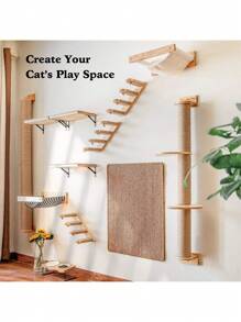 1pc Wall-Mounted Cat Climbing Ladder, 4-Tier Solid Wood Cat Furniture, Sturdy & Durable Pine Wood, For Playing, Climbing & Scratching, Comes With Tools For Easy Assembly, Max Load 12kg (26lb)