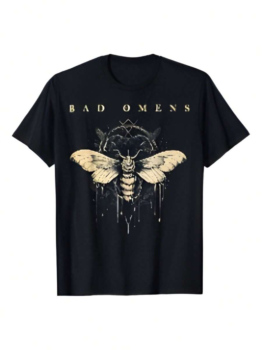 Band - Inspired Black T - Shirt ,Graphic ,Funny ,Comfortable And Versatile,Letter Pattern Pure Cotton 220g Printed T-Shirt,Unisex Style - 黑色 - 查看 1