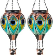 Starsoul Hot Balloon Solar Lantern With Flower Projection Metal Outdoor Waterproof Hot Balloon Solar Lights Hanging Lantern For Garden Yard Patio Decor - 孔雀-2pc - 查看 1