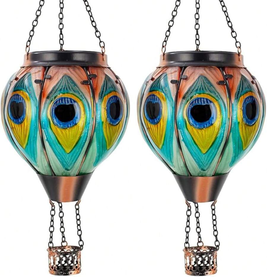 Starsoul Hot Balloon Solar Lantern With Flower Projection Metal Outdoor Waterproof Hot Balloon Solar Lights Hanging Lantern For Garden Yard Patio Decor - 孔雀-2pc - 查看 1