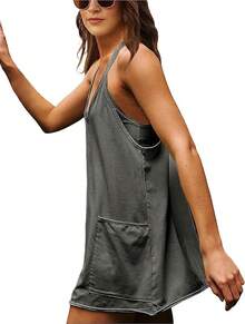 Women's Summer Sleeveless Mini Dress With Built-In Shorts - Dark Grey - View 4