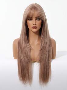 28 Inch Long Straight Champagne Blonde Layered Wigs With Bangs Synthetic Wigs For Women For Ordinary Work, Life, Dance Parties And All Occasions Use; Wigs For Women, Carnival; Kpop, K Pop; Y2k; Cosplay - 香檳色 - 查看 2