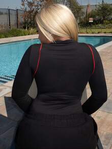 PeachySprinkles Women's Contrast Color Roll Neck Bodysuit Long Sleeve Slim Fit Black Casual Fashion Graphic Print Sexy Tight Sports Style Party Club Wear - Red - View 3