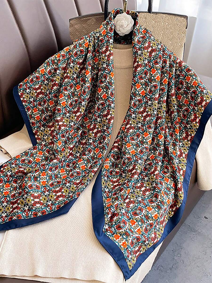 1pc Fashionable Flower Print Polyester Square Scarf, Casual Bohemian Style For Dress - Multicolor - View 1