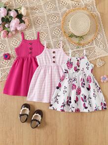 3pcs/Set Baby Girls Floral Printed Spaghetti Strap Dress + Solid Color Button Strap Dress + Plaid Print Button Patchwork Strap Dress