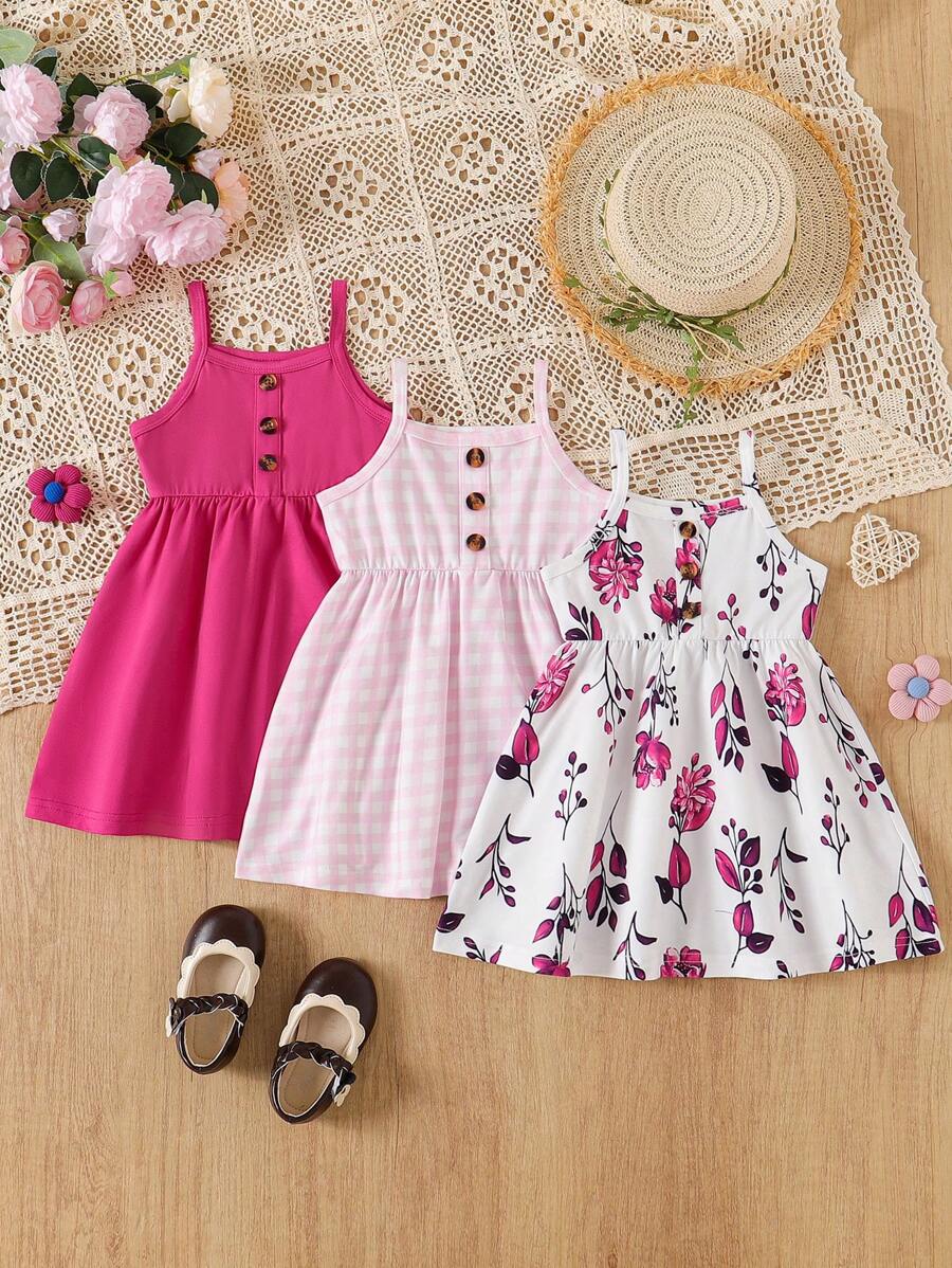 3pcs/Set Baby Girls Floral Printed Spaghetti Strap Dress + Solid Color Button Strap Dress + Plaid Print Button Patchwork Strap Dress