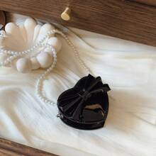 Holographic Pearl Strap Crossbody Bag With Bow & Heart Design, Girls Shoulder Bag