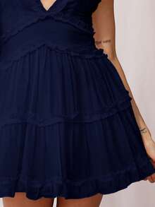 Women's Elegant Backless Midi Dress - V-Neck Slip Dress With Flutter Hem & Adjustable Straps, Sexy Summer Dress For Resorts & Date Nights - 藏蓝色 - 查看 5