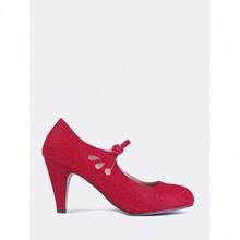 Women Cutout Mary Jane Mid Heels – Round Almond Toe Vintage Cone Heel Pumps With Ankle Strap For Spring Summer Weddings, Parties, Bridesmaids, Office & Everyday Wear [Size Up Half Size] - 紅色閃光 - 查看 2