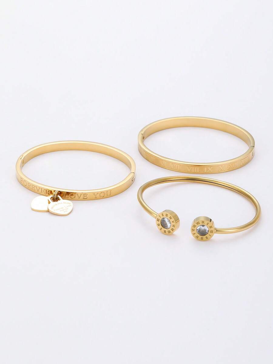 时尚经典款18K镀金防水不锈钢罗马数字双心手链，女士款，欧美风格休闲派对及婚礼首饰，情人节礼物，圣诞节冬季礼物 - 金色 - 查看 1