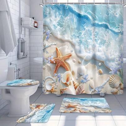 1/4 Pcs Dreamy Wave Beach Bathroom Curtain Set - Waterproof Shower Curtain With 12 Hooks, Non-Slip Bath Mat, Toilet U-Shaped Mat, Seat Cover, Shower Decorative Accessories Bathroom Accessories Back To School Bathroom Decor