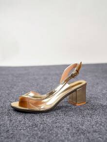 女士低帮金色露趾扣带粗跟凉鞋，休闲百搭拼接透明玻璃鞋面高跟鞋，适合度假、旅行、通勤，轻便舒适，久穿不累，夏季新款凉鞋 - 金色 - 查看 7