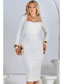 Ribbed Midi Dress With Long Sleeves And Neckline - Off - View 3