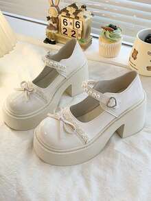 1 双纯色学院风可爱 PU 皮革蝴蝶结厚底牛津鞋，英伦时尚乐福鞋，适合户外、学校、节日、所有季节 - 米色 - 查看 4