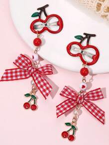 2 piezas Pinzas para el cabello con lazo estilo Y2K con diseño de cerezas y fresas para niñas, pasador de cabello con cinta a cuadros rojos retro, accesorios kawaii para el cabello con diseño floral y de frutas, para fiesta de San Valentín, Navidad, primavera y verano, festivales