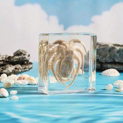 1 件贝壳、海星、章鱼标本模型、海龟、海龟、章鱼、鱿鱼水晶环氧树脂装饰、手工工艺装饰，适用于学校、科学教育、天然章鱼标本、海洋生物模型、书桌装饰