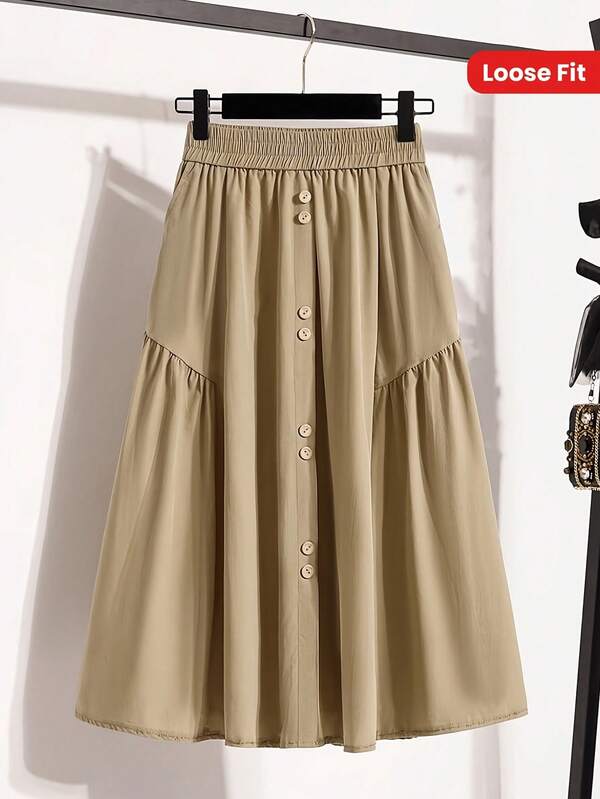 A-Line Elastic Waist Mid-Length Skirt For Women, Casual Loose Fit With Pockets, Suitable For Spring, Summer, Autumn - Solid Color