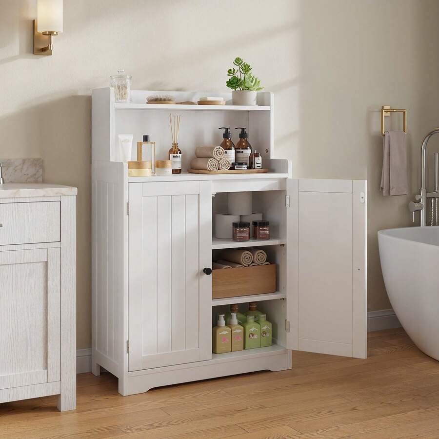 3 Tier Adjustable Freestanding Storage Cabinet, Double Open Storage, Bathroom Storage Cabinet, Bathroom Decor, Kitchen Decor - White - View 1