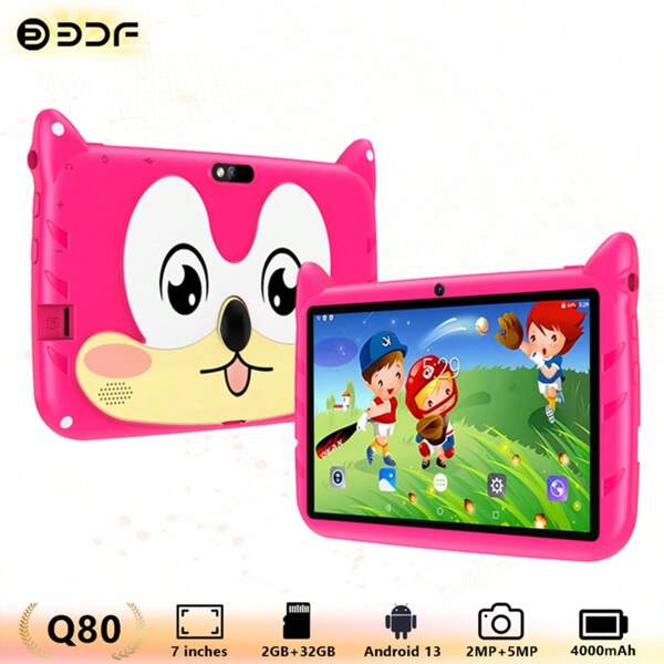2GB RAM+32GB ROM/7-Inch Tablet/4-Core 1.3GHz/Android 13 MTK8321/1280x800 IPS High-Definition Resolution IPS Screen/2MP+5MP Camera/4000mAh Large Battery/Supports WiFi Games/Uses ABS Plastic+Silicone BDF Q80 Tablet (Including: Packaging Box/Data Cable/Manual/OTG/Card Needle)