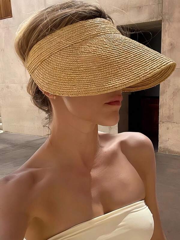 1 pezzo Cappello di paglia dalla tesa larga, alla moda, regolabile, cappello da sole per donna, essenziale per viaggi e vacanze all'aperto, primavera/estate