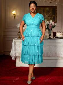 Women Cake Dresses Pleated V Neck High Waist Shiny With Lining Party Event Plus Size Ladies Gowns