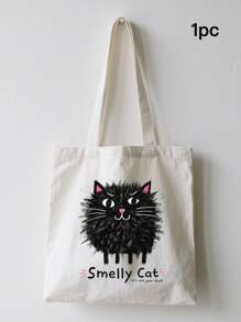 1pc Fashion "Smelly Cat" Printed Canvas Women's Handbag Shoulder Bag Tote Bag - Large Single Shoulder Handbag With Fixed Strap, Perfect For Shopping, Beach, Work, Travel, Fitness, Grocery And Outdoor Activities, Beach Tote Bag | Playful Printed Tote Bag | Sturdy Handle Handbag, Back To School Gift, Graduation Gift, Birthday Gift, Thanksgiving Gift, Teacher Gift, Christmas Gift, New Year Gift, First Choice Gift, Washable And Reusable