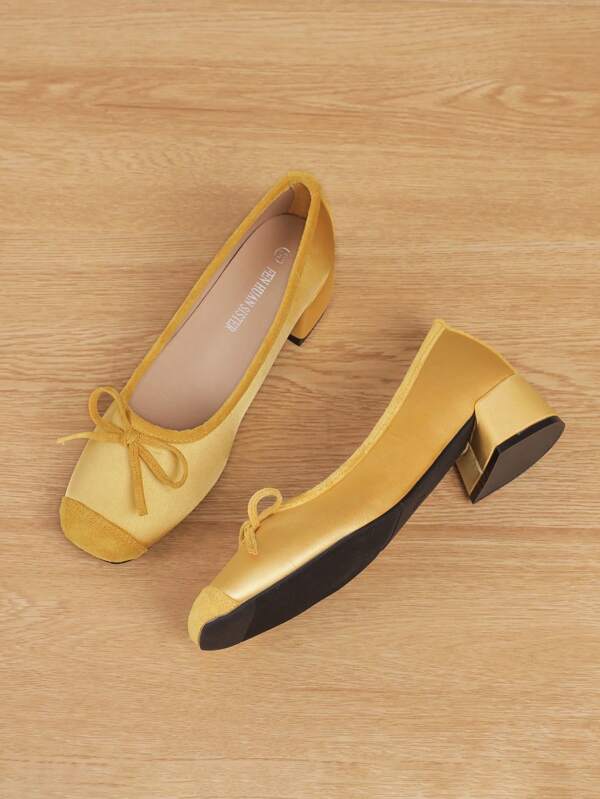 Zapatos con tacón ancho y punta cuadrada, bailarinas versátiles con decoración de lazo, zapatos tipo mule a la moda, tacones altos amarillos, tacones altos para mujer. Recomendar comprar 1 talla talla grande grande