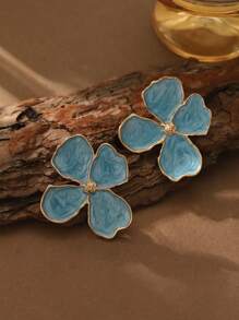 Summer Turquoise Women's Zinc Alloy Stud Earrings - Hawaiian 4-Petal Flower Design Bohemian Style Enamel, Suitable For Beach Vacation