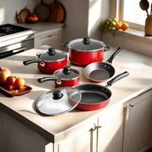 9-Piece Cookware Set With Ultra Non Stick Cast Texture Coating Including Frying Pan, Stackable, With Heat-Resistant And Shatter Resistant Tempered Glass Lid, Red Color,Local Delivery