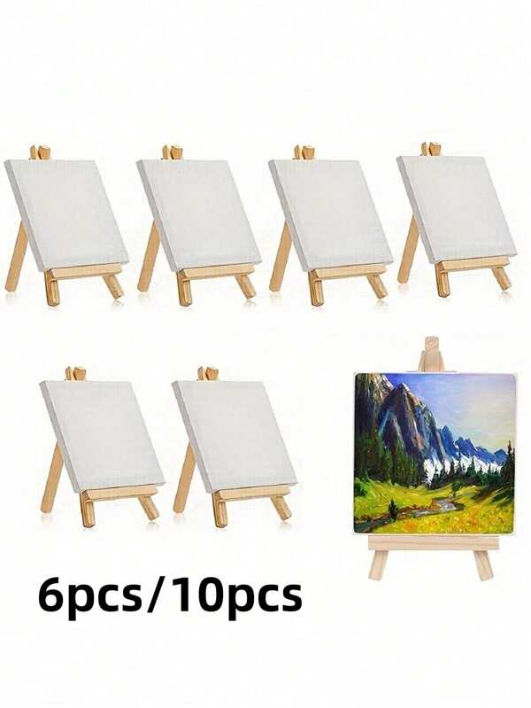 10 Paquetes de Mini Lienzos y Set de Caballetes Miniatura, Tamaño del lienzo 4" X 4"; Tamaño del caballete 3.1" X 5.9" para pintura de niños, pintura al óleo y manualidades, regalo de Navidad y vuelta al colegio