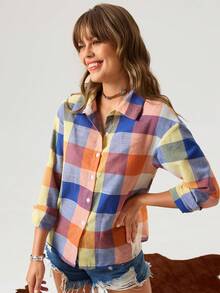 SHEIN LUNE 1 pezzo Camicia donna a maniche lunghe con stampa a quadri autunnale, spalle scoperte - Multicolore - Visualizzare 5