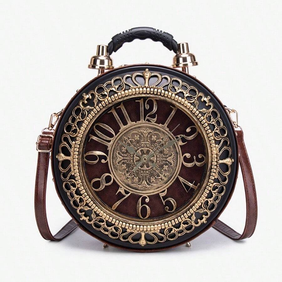 Vintage Crossbody Shoulder Bag With Battery Powered Clock Functionality - Nâu - Di chuyển Tick - Xem 1